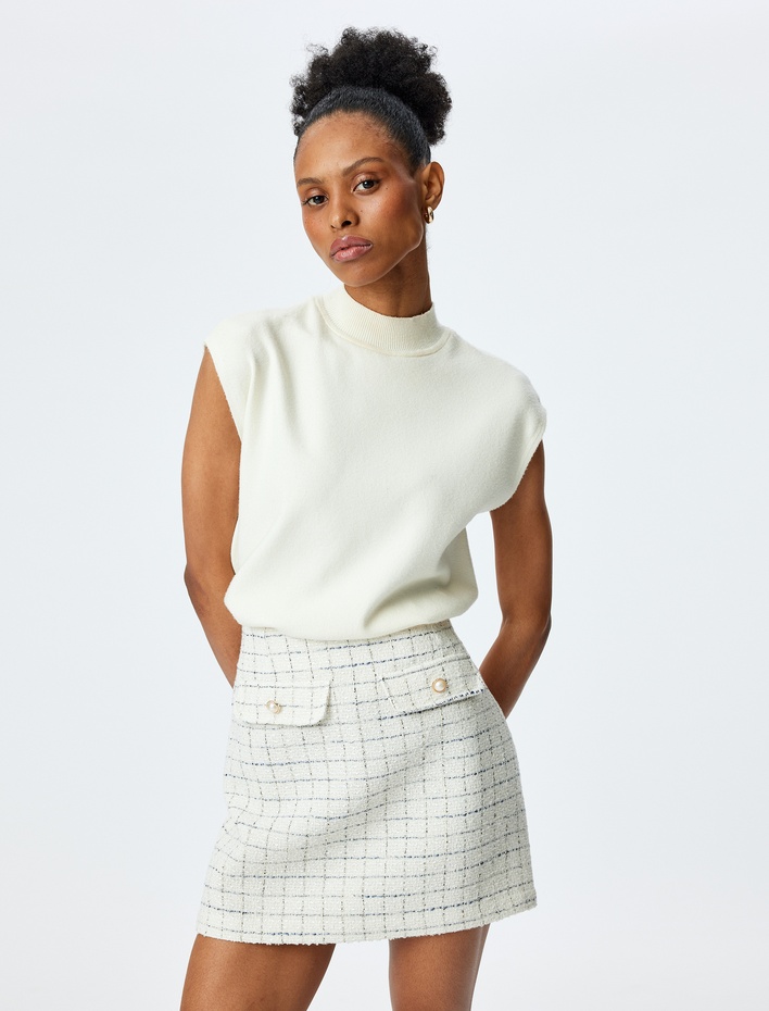  Kareli Düğme Detaylı A Kesim Mini Tüvit Etek