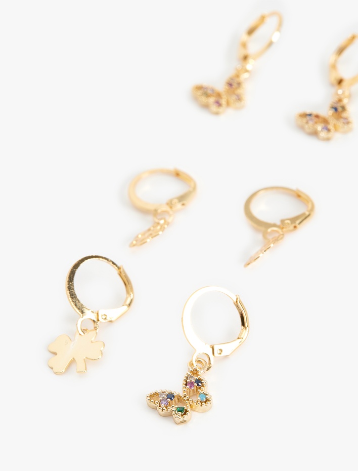 Kadın Çok Renkli Taş Detaylı Charmlı 3'lü Halka Küpe Seti