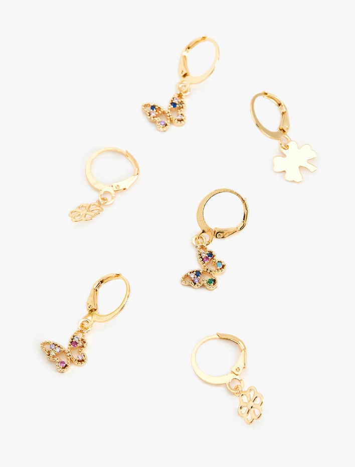 Kadın Çok Renkli Taş Detaylı Charmlı 3'lü Halka Küpe Seti