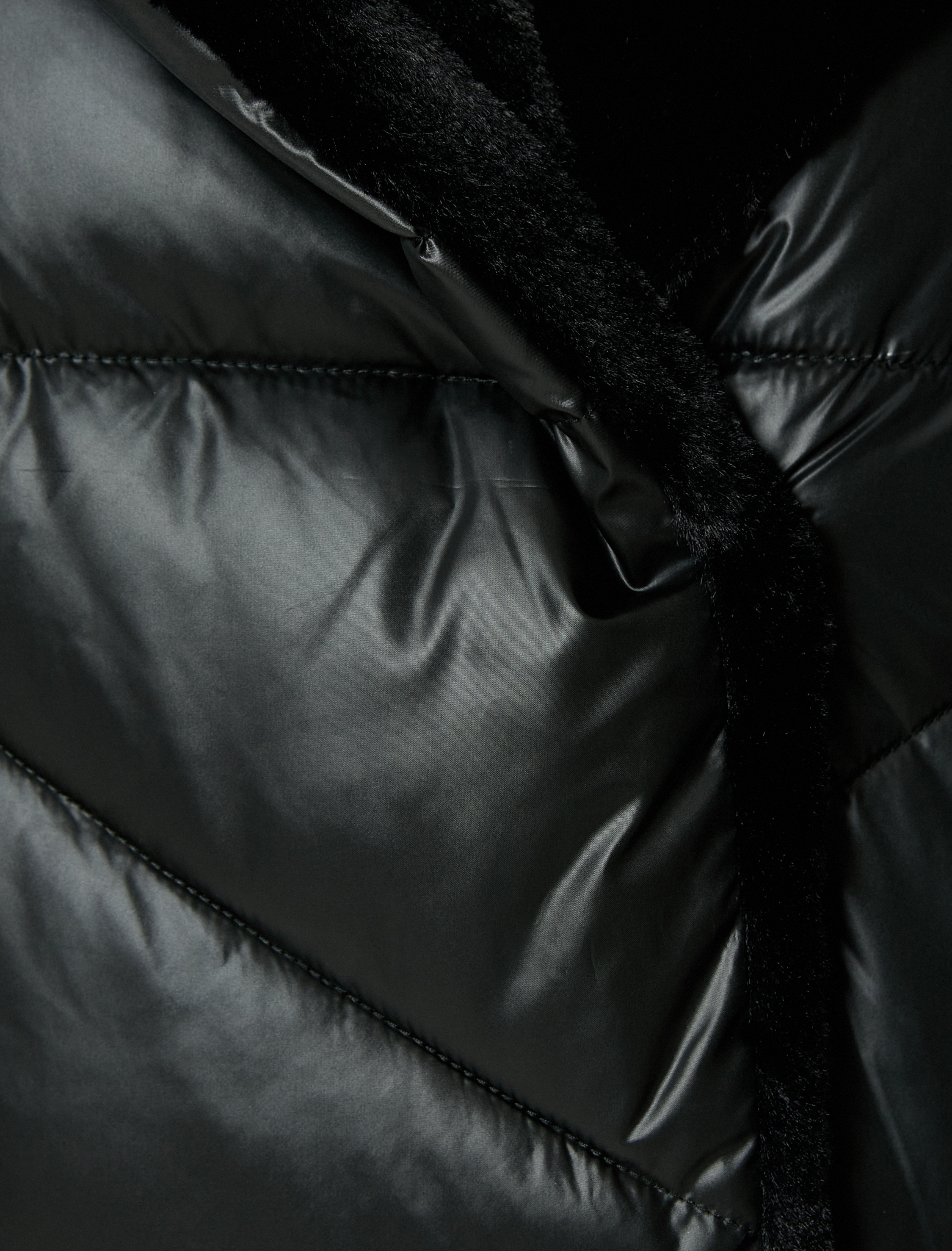   Uzun Şişme Mont Suni Kürk Yaka Kapitone Cepli Rahat Kalıp