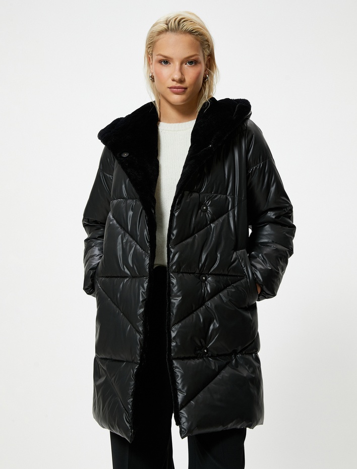  Uzun Şişme Mont Suni Kürk Yaka Kapitone Cepli Rahat Kalıp