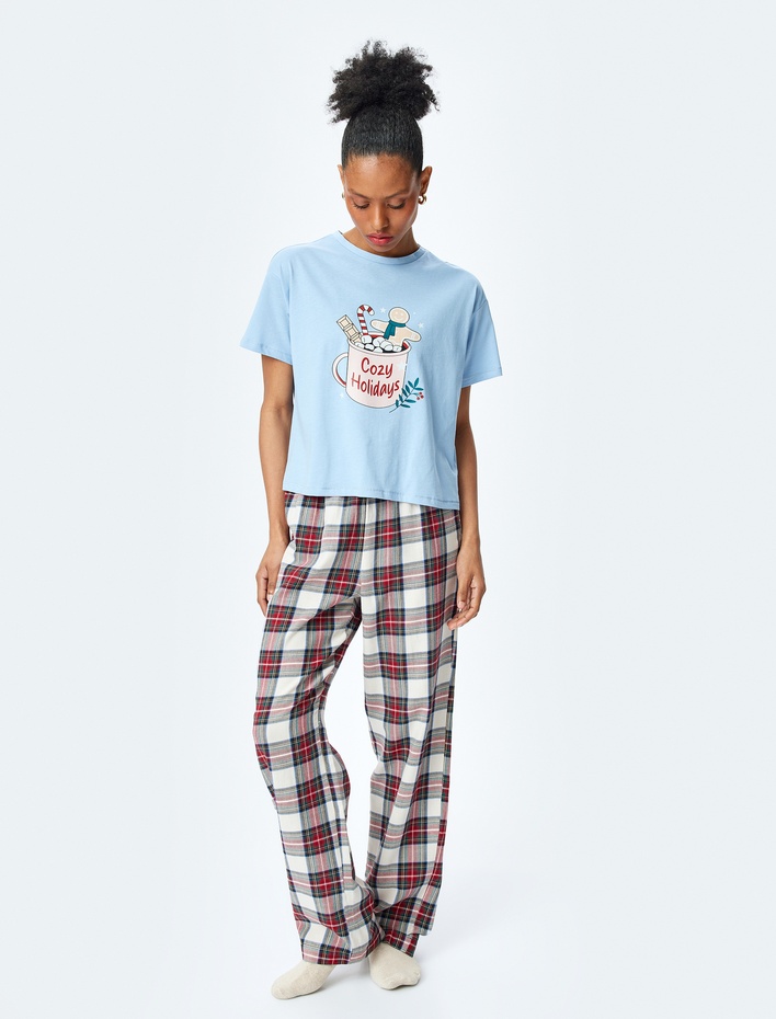  Pamuklu Beli Bağlamalı Ekose Desenli Pijama Altı