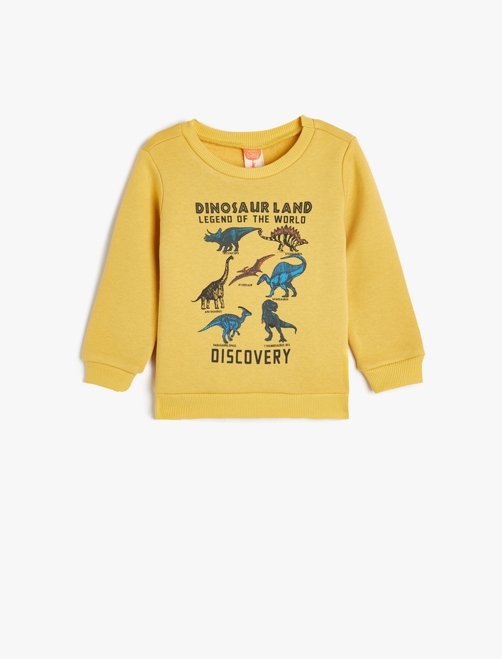 Erkek Bebek Dinozor Baskılı Uzun Kollu Pamuklu Sweatshirt Şardonlu