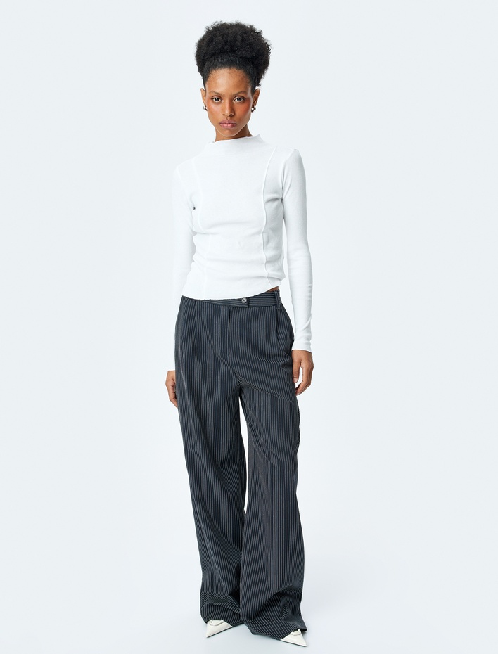  Pamuklu Dik Yaka Uzun Kollu Slim Fit Basic Fitilli Tişört