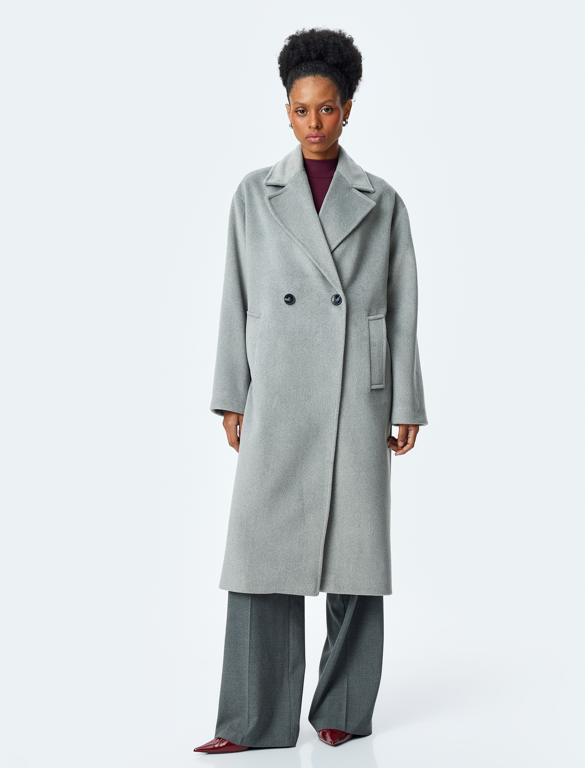   Cepli Düğmeli Kruvaze Uzun Oversize Kaban