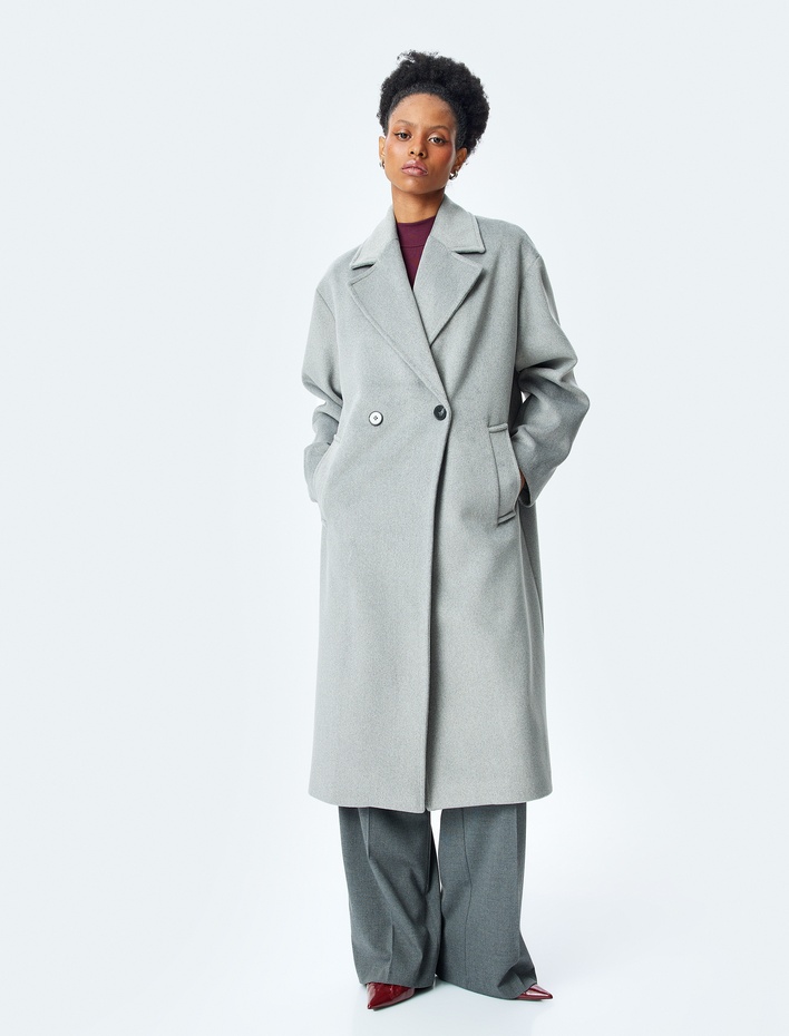  Cepli Düğmeli Kruvaze Uzun Oversize Kaban