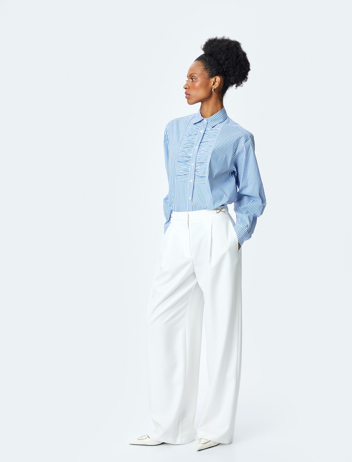  Klasik Yaka Uzun Kollu Fırfırlı Çizgili Gömlek