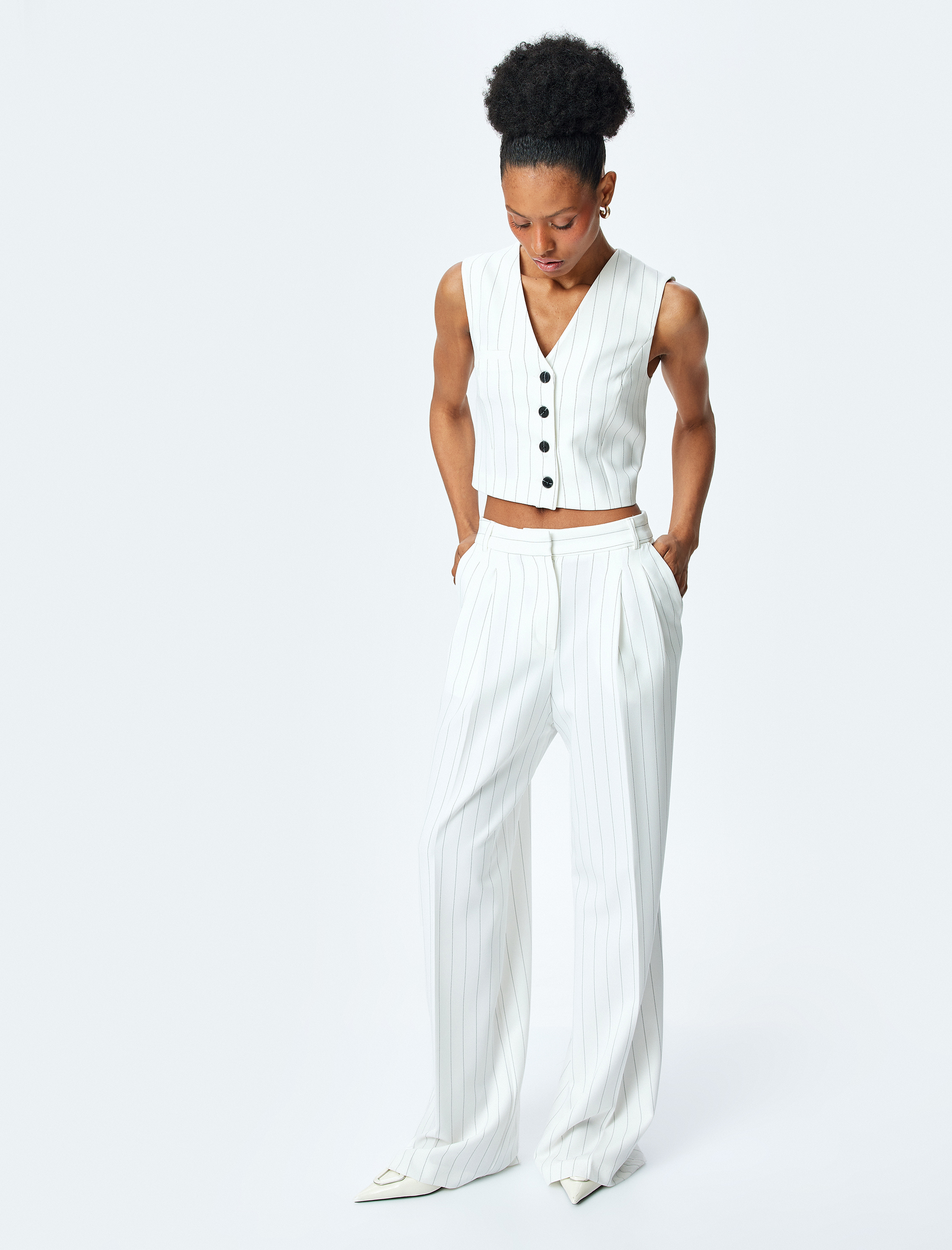   Astarsız Yüksek Bel Pile Detaylı Cepli Çizgili Palazzo Pantolon