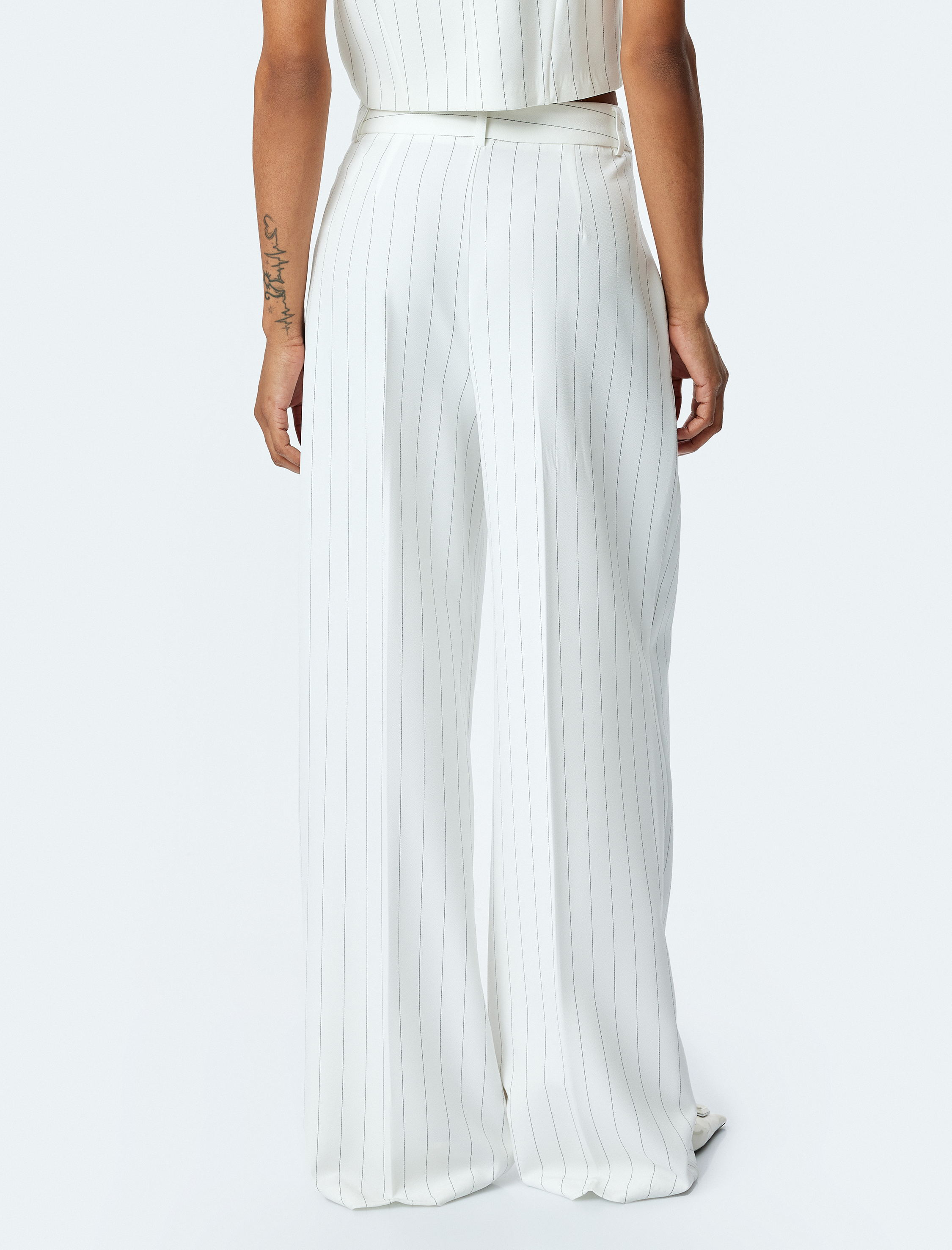   Astarsız Yüksek Bel Pile Detaylı Cepli Çizgili Palazzo Pantolon