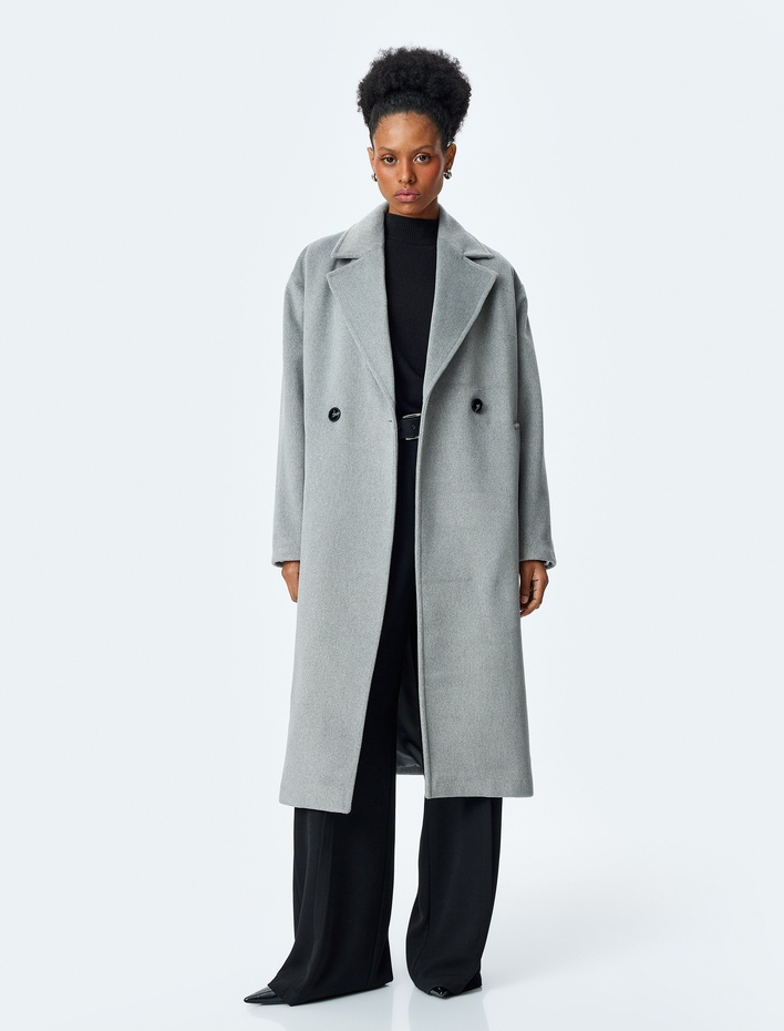  Kruvaze Düğmeli Cepli Uzun Oversize Kaban