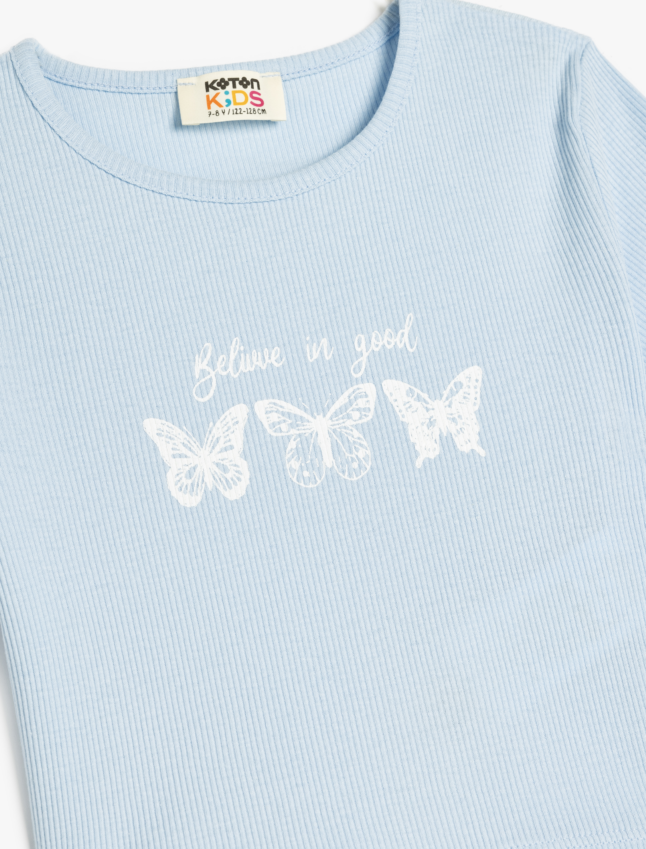  Kız Çocuk Kelebek Baskılı Kısa Kollu Bisiklet Yaka Pamuklu Crop Tişört