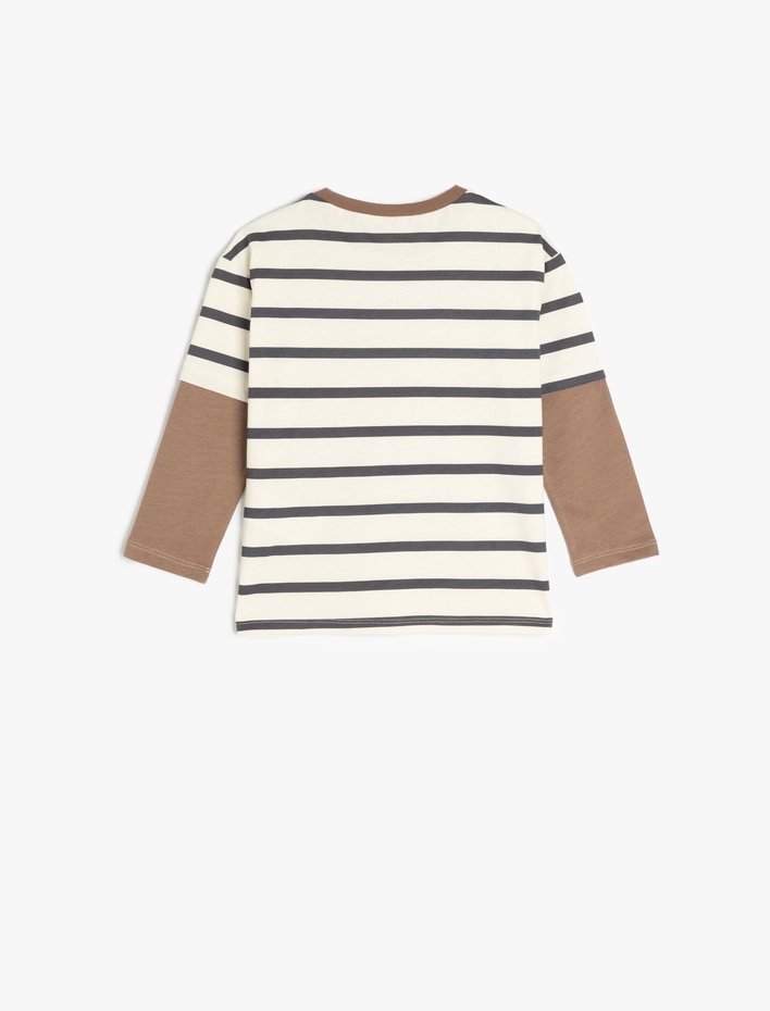 Erkek Bebek Cep Detaylı Çizgili Pamuklu Uzun Kollu Tişört