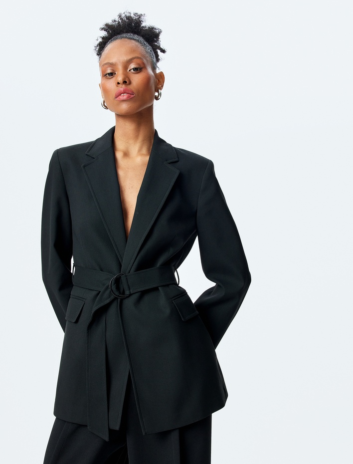  Slim Fit Kruvaze Uzun Kemerli Blazer Ceket