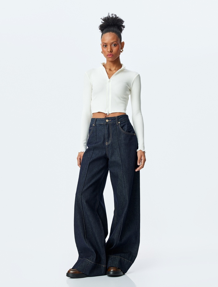  Slim Fit Uzun Kollu Fermuarlı Crop Triko Hırka