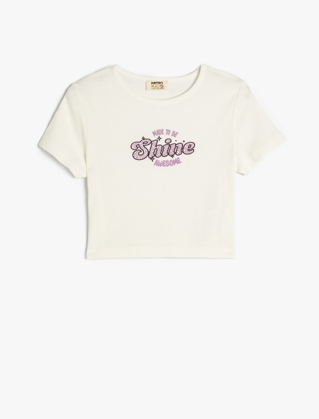 Slogan Baskılı Bisiklet Yaka Pamuklu Crop Tişört_0