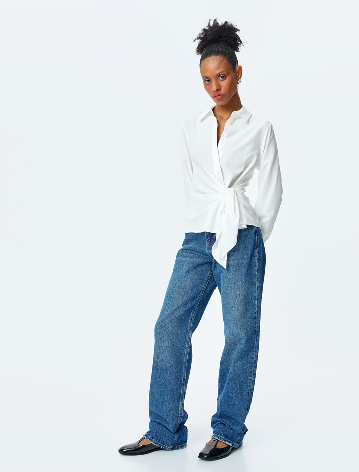  Bağlama Detaylı Uzun Kollu Kruvaze Gömlek