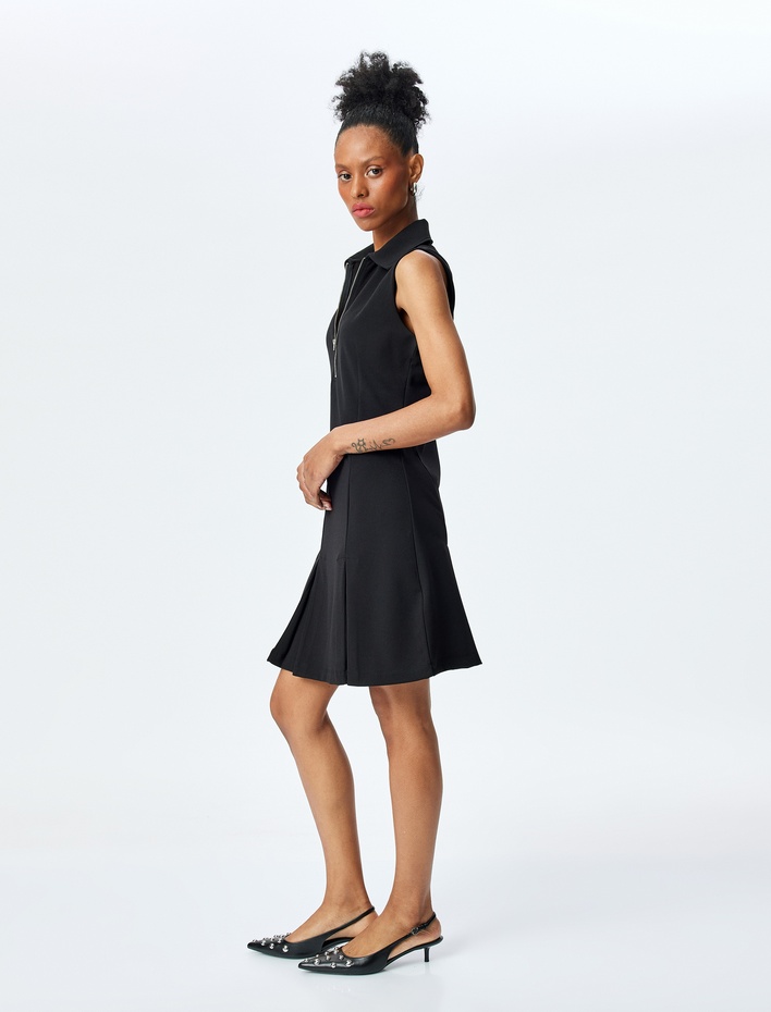  Slim Fit Yarım Fermuarlı Kolsuz Mini Polo Yaka Elbise