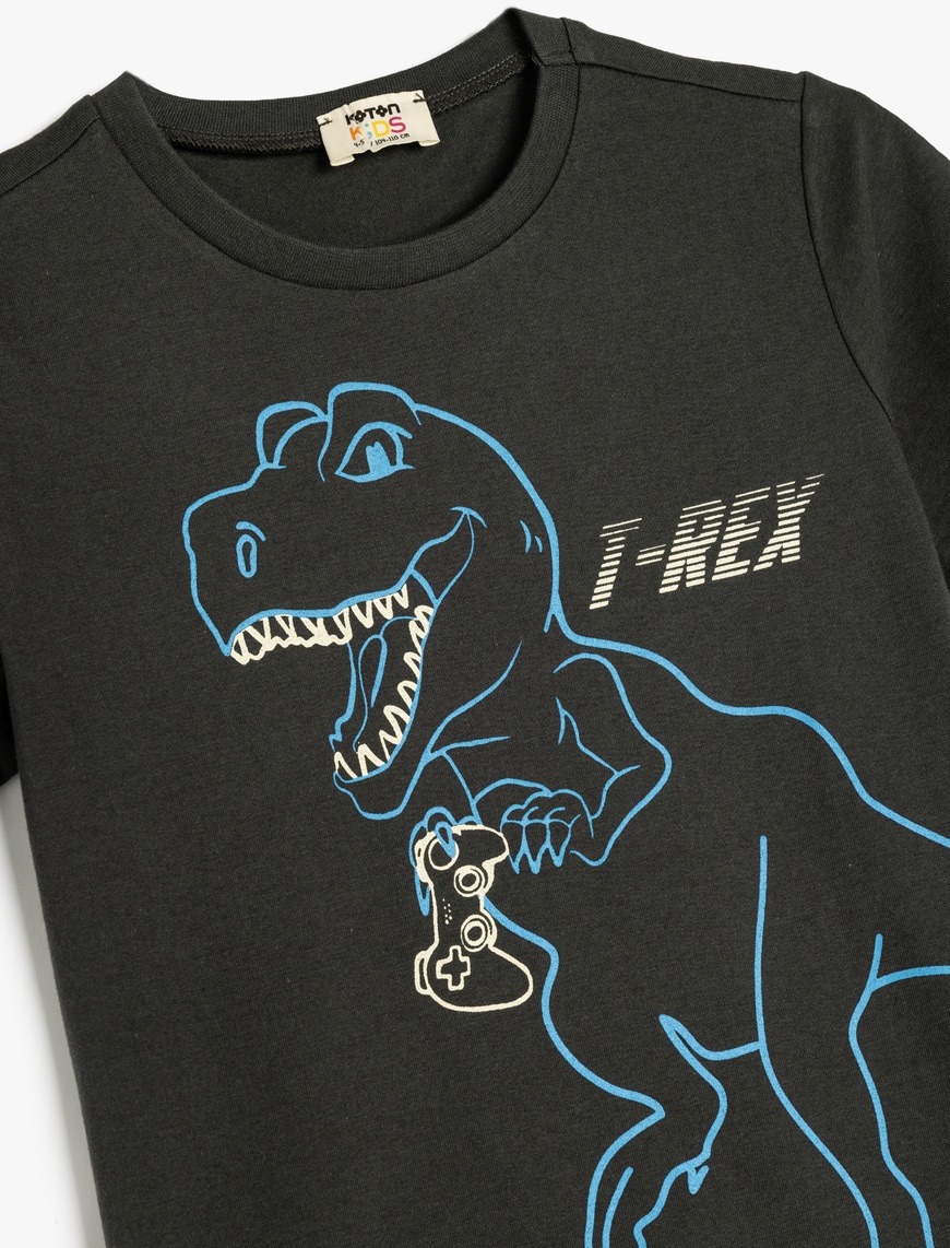  Erkek Çocuk Dinozor Baskılı Bisiklet Yaka Pamuklu Kısa Kollu Tişört