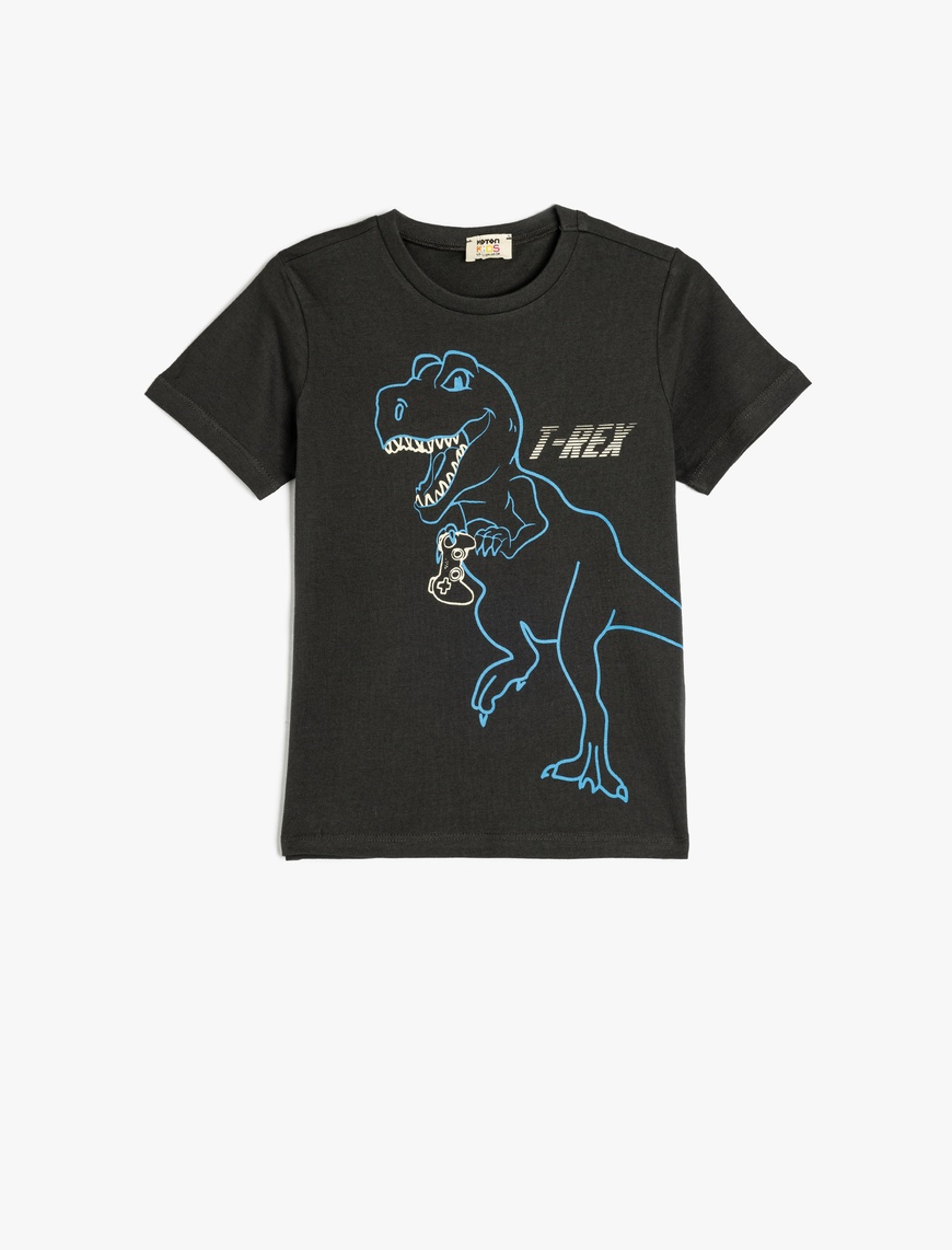  Erkek Çocuk Dinozor Baskılı Bisiklet Yaka Pamuklu Kısa Kollu Tişört
