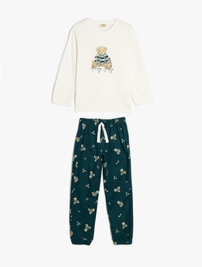 Teddy Bear Baskılı Uzun Kollu Pamuklu Pijama Takımı