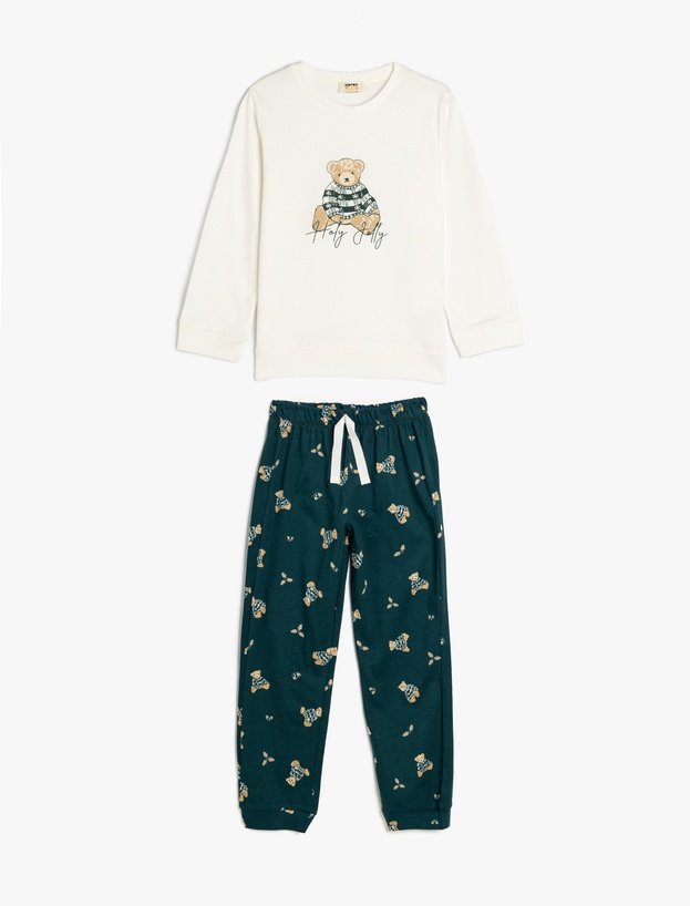 Teddy Bear Baskılı Uzun Kollu Pamuklu Pijama Takımı_0