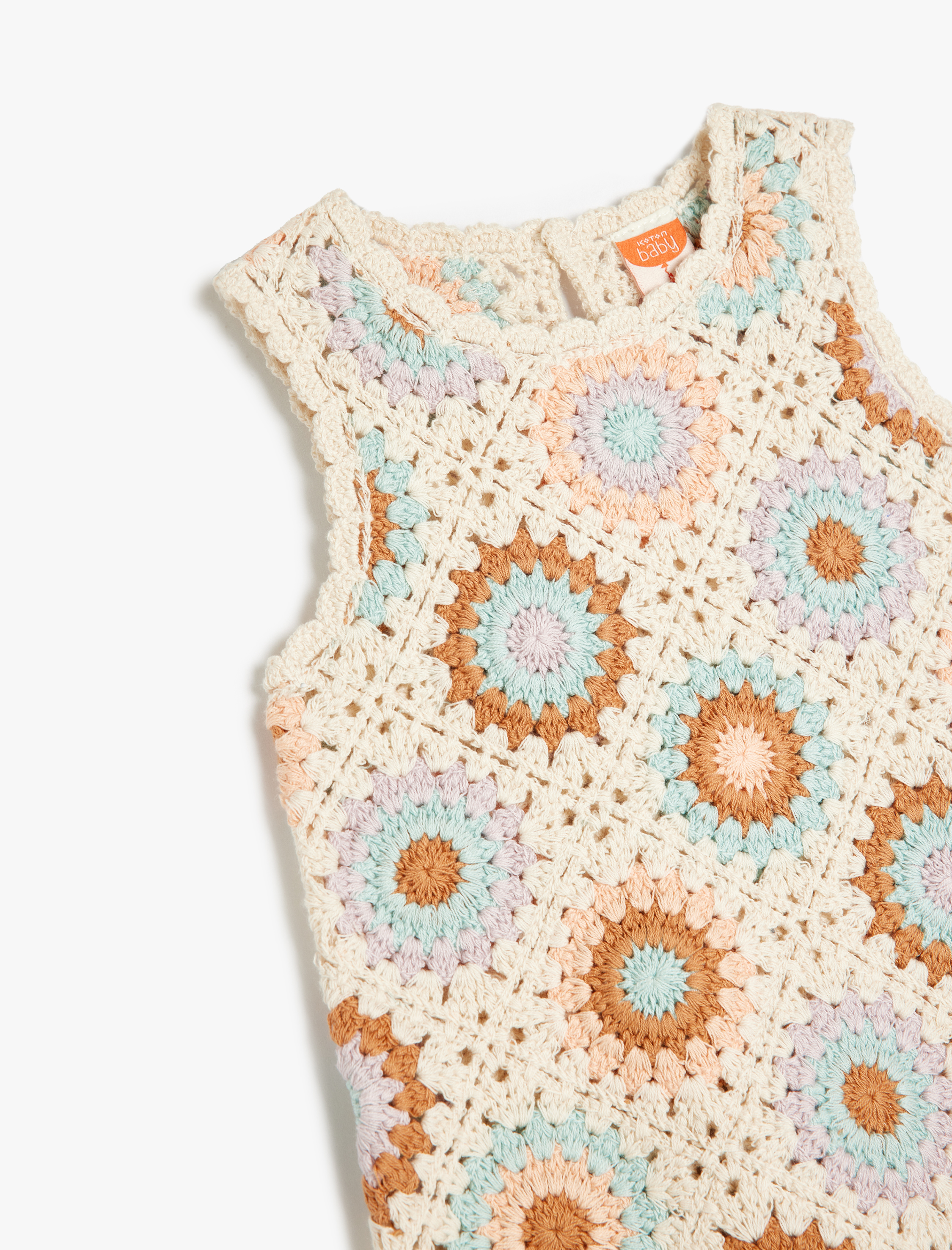  Kız Bebek Yuvarlak Yaka Örgü Detaylı Kolsuz Pamuklu Triko Elbise