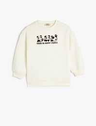 Panda Baskılı Uzun Kollu Bisiklet Yaka Sweatshirt