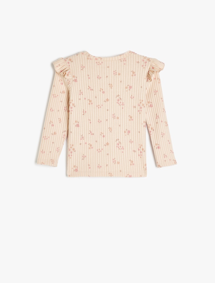 Kız Bebek Fırfırlı Çiçek Desenli Uzun Kollu Bisiklet Yaka Tişört