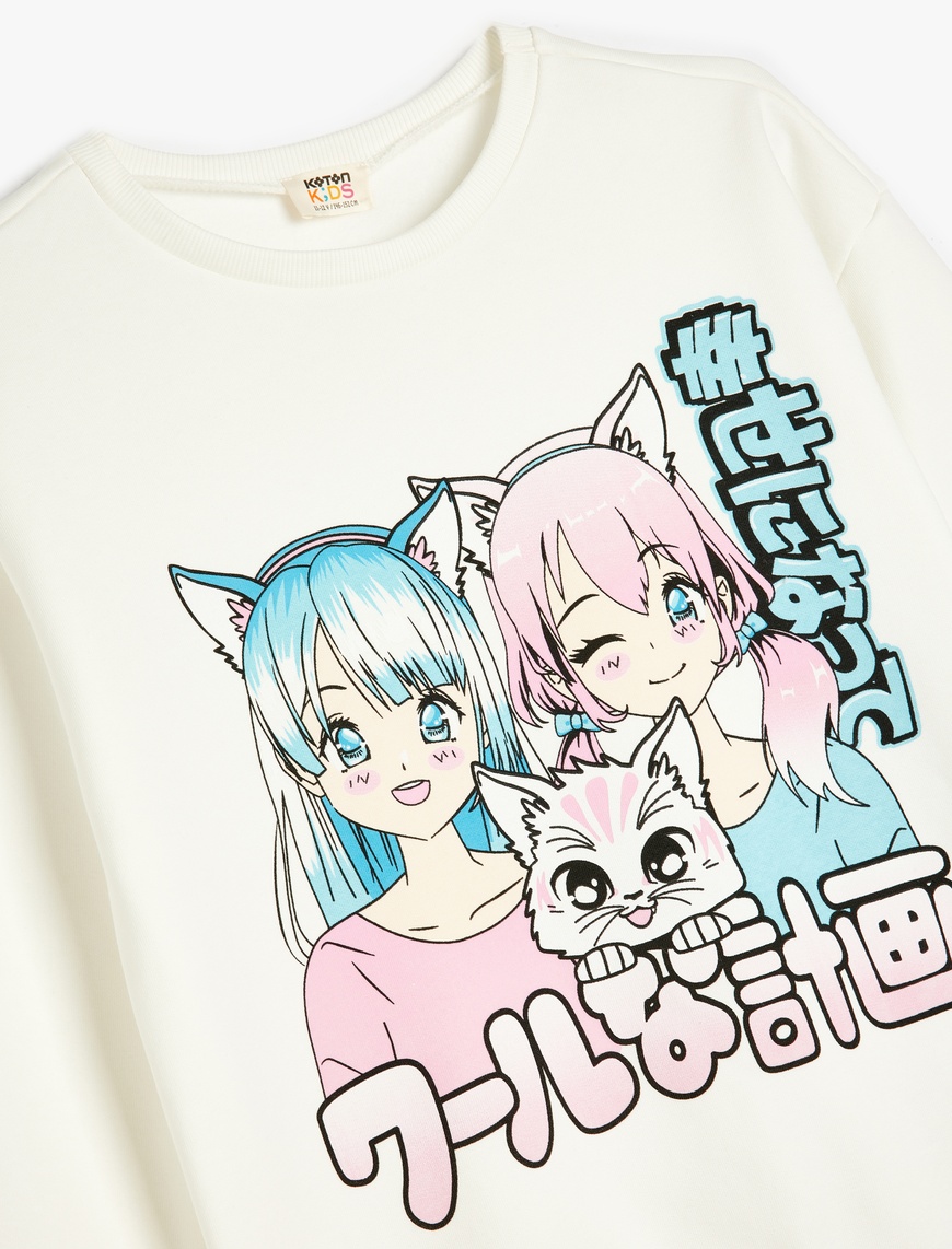  Kız Çocuk Anime Baskılı Bisiklet Yaka Pamuklu Uzun Kollu Sweatshirt