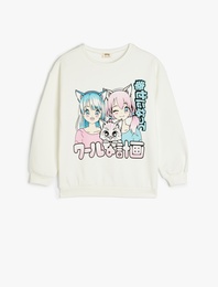 Anime Baskılı Bisiklet Yaka Pamuklu Uzun Kollu Sweatshirt