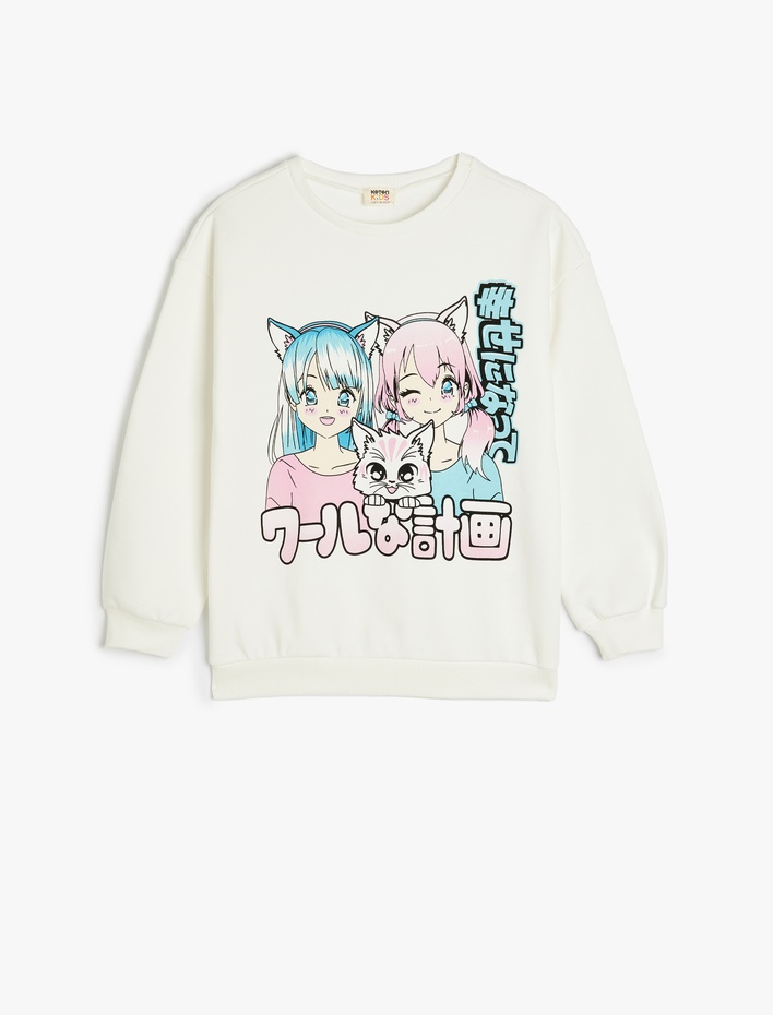 Kız Çocuk Anime Baskılı Bisiklet Yaka Pamuklu Uzun Kollu Sweatshirt