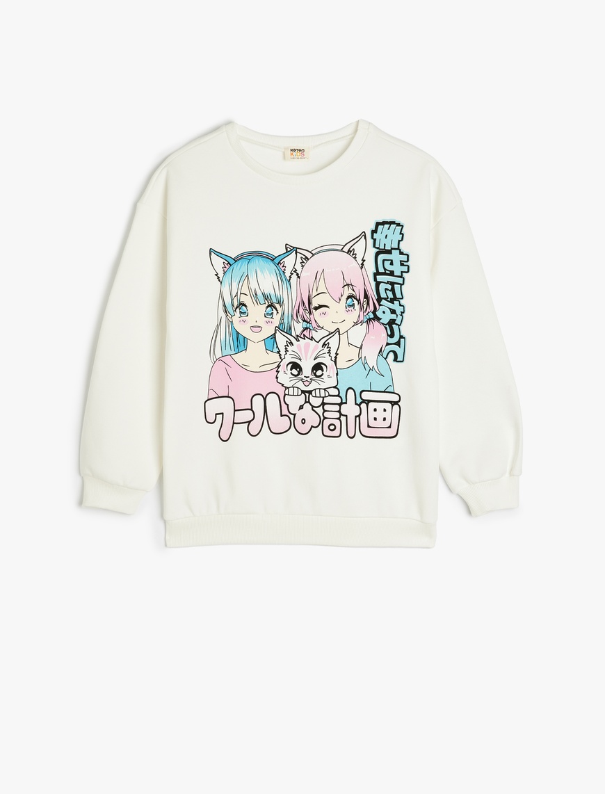  Kız Çocuk Anime Baskılı Bisiklet Yaka Pamuklu Uzun Kollu Sweatshirt