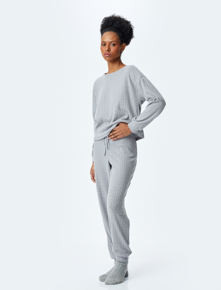  Rahat Kalıp Örgü Desenli Jogger Pijama Altı