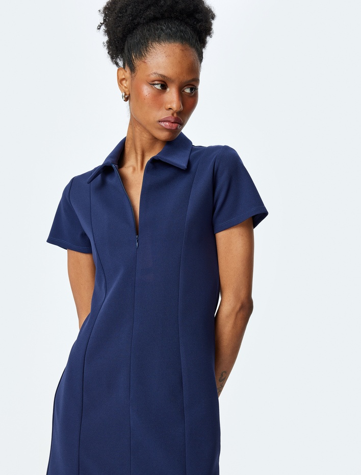  Krep Scuba Kumaş Slim Fit Fermuar Detaylı Mini Polo Yaka Elbise