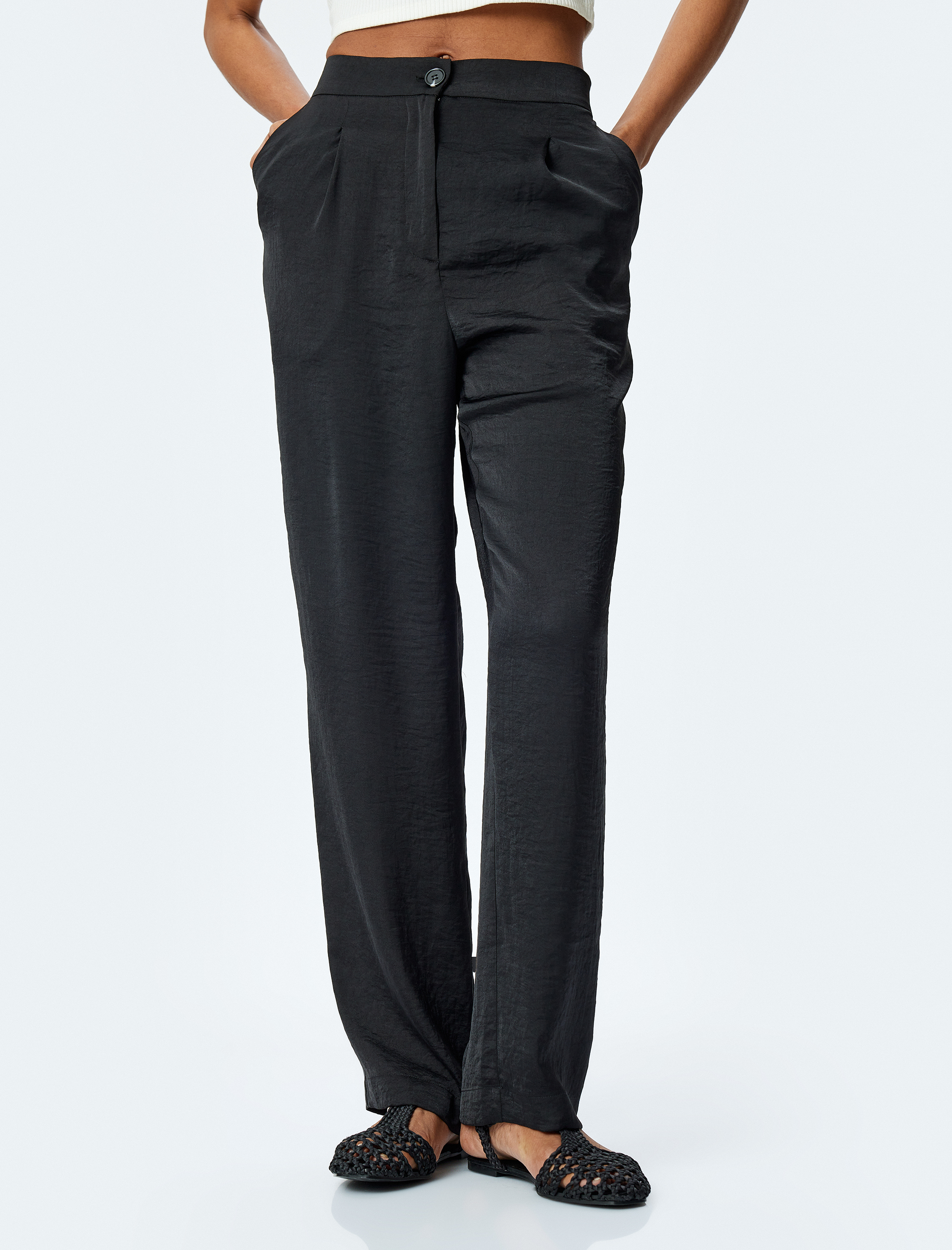   Pile Detaylı Cepli Bol Paça Aerobin Saten Pantolon