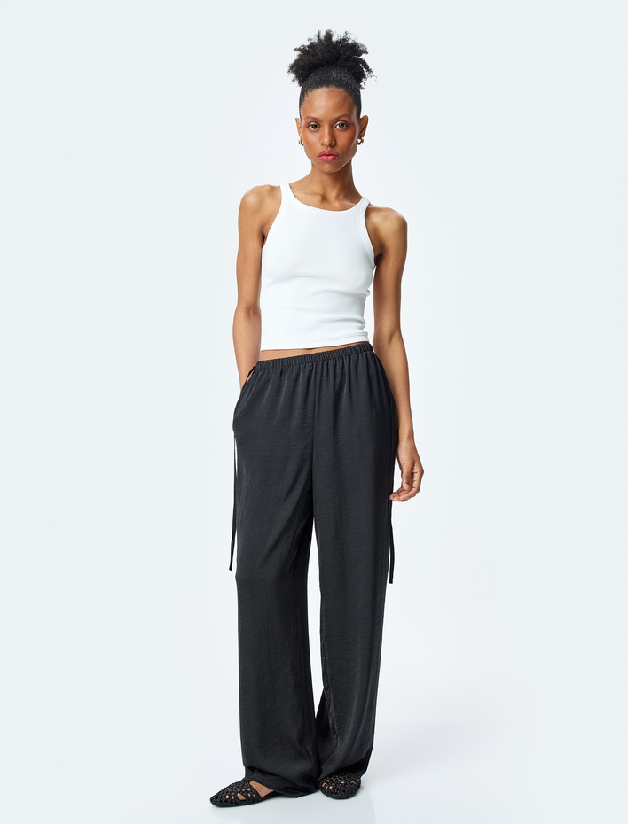  Cepli Beli Bağcıklı Geniş Paça Aerobin Saten Pantolon