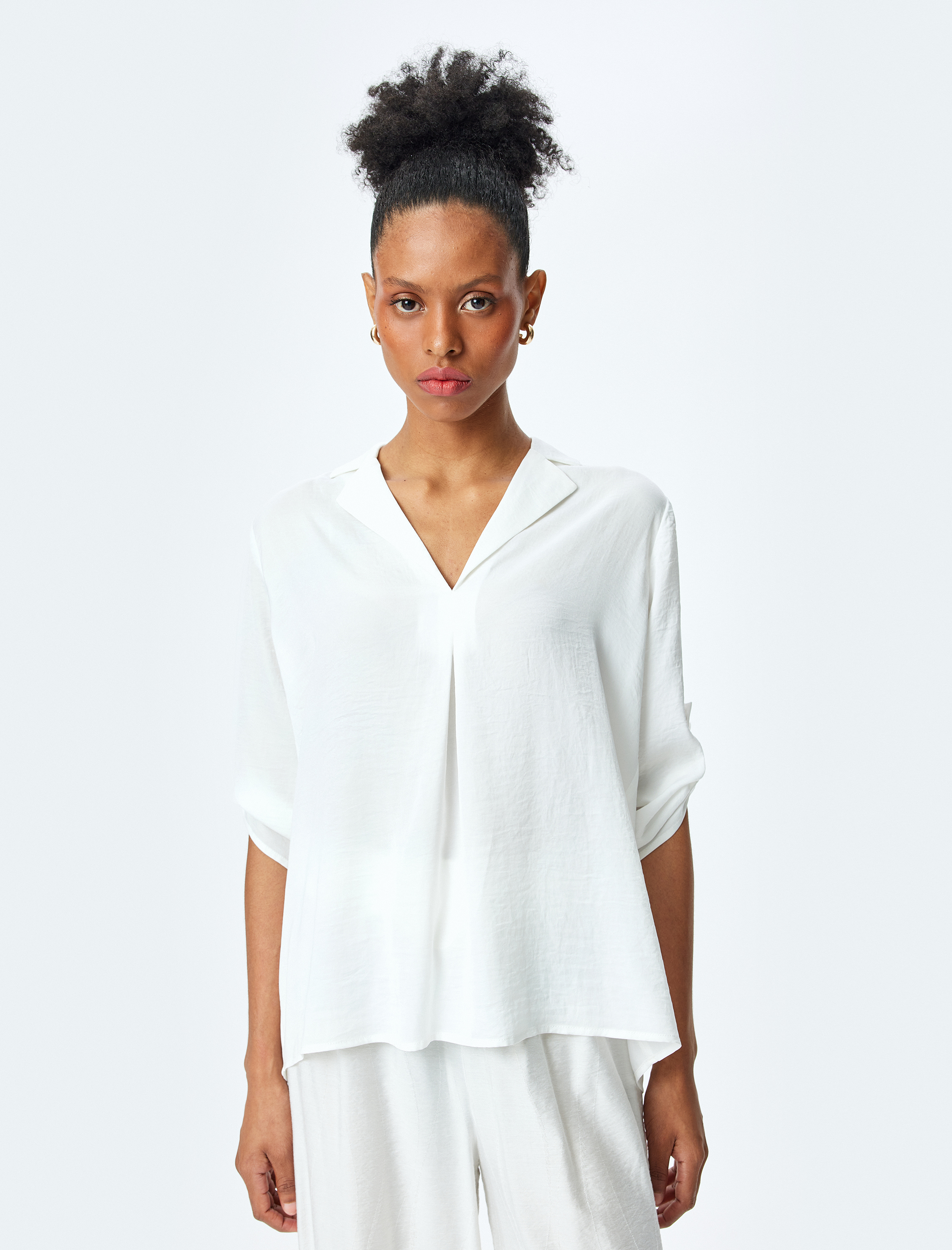   Rahat Kalıp Ceket Yaka 3/4 Kol Katlama Detaylı Bluz