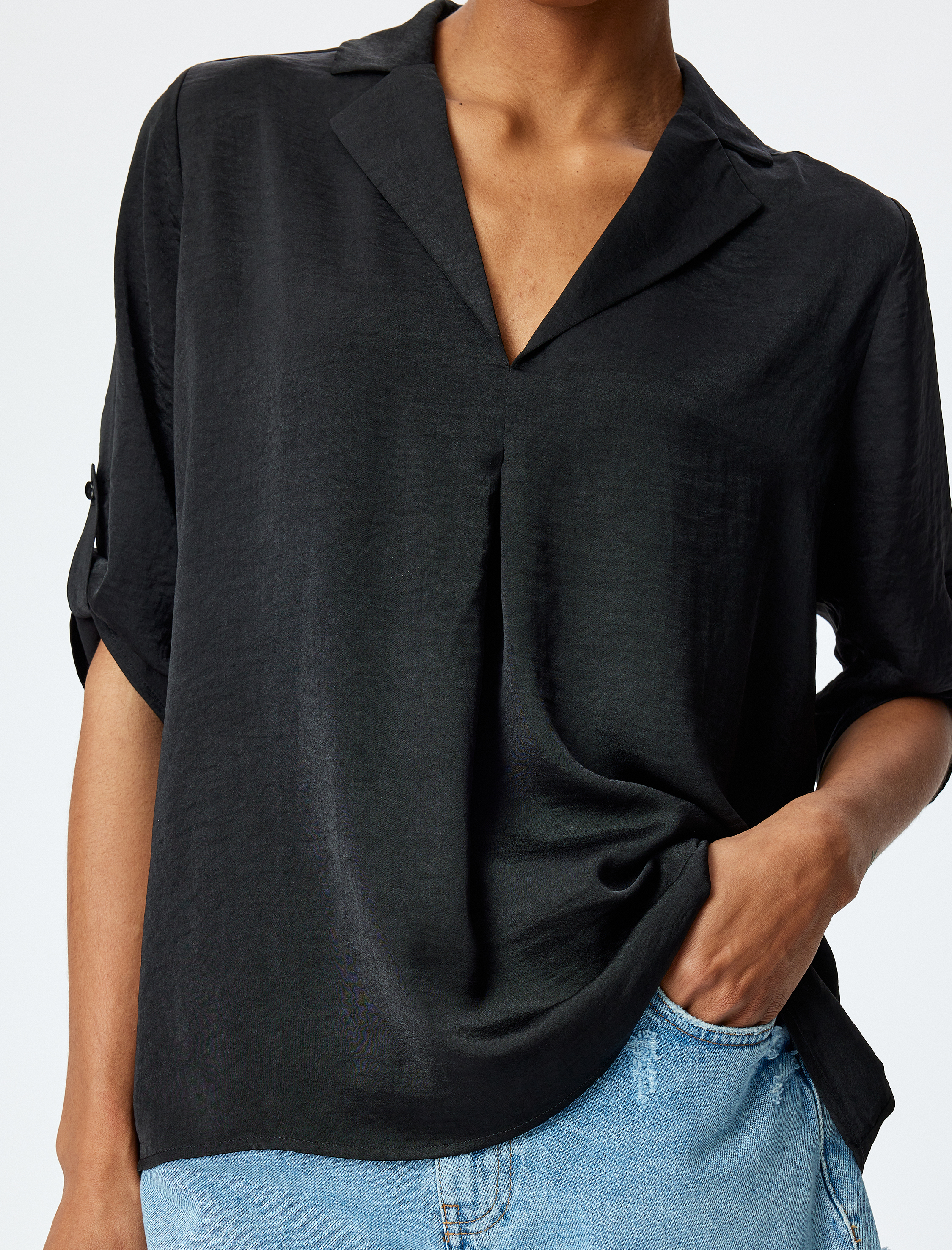   Rahat Kalıp Ceket Yaka 3/4 Kol Katlama Detaylı Bluz