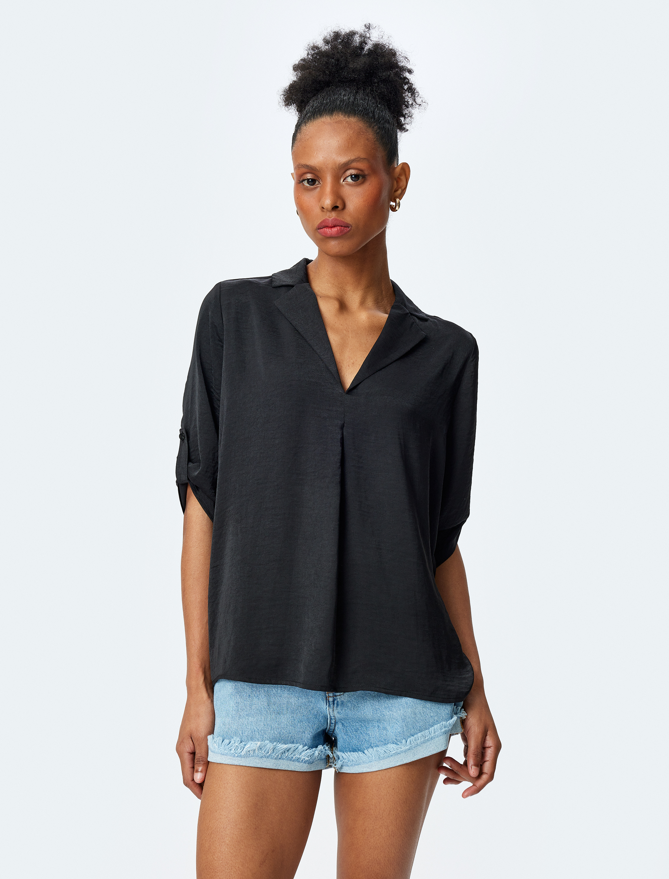   Rahat Kalıp Ceket Yaka 3/4 Kol Katlama Detaylı Bluz