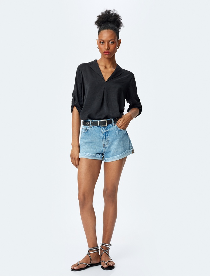  Rahat Kalıp Ceket Yaka 3/4 Kol Katlama Detaylı Bluz