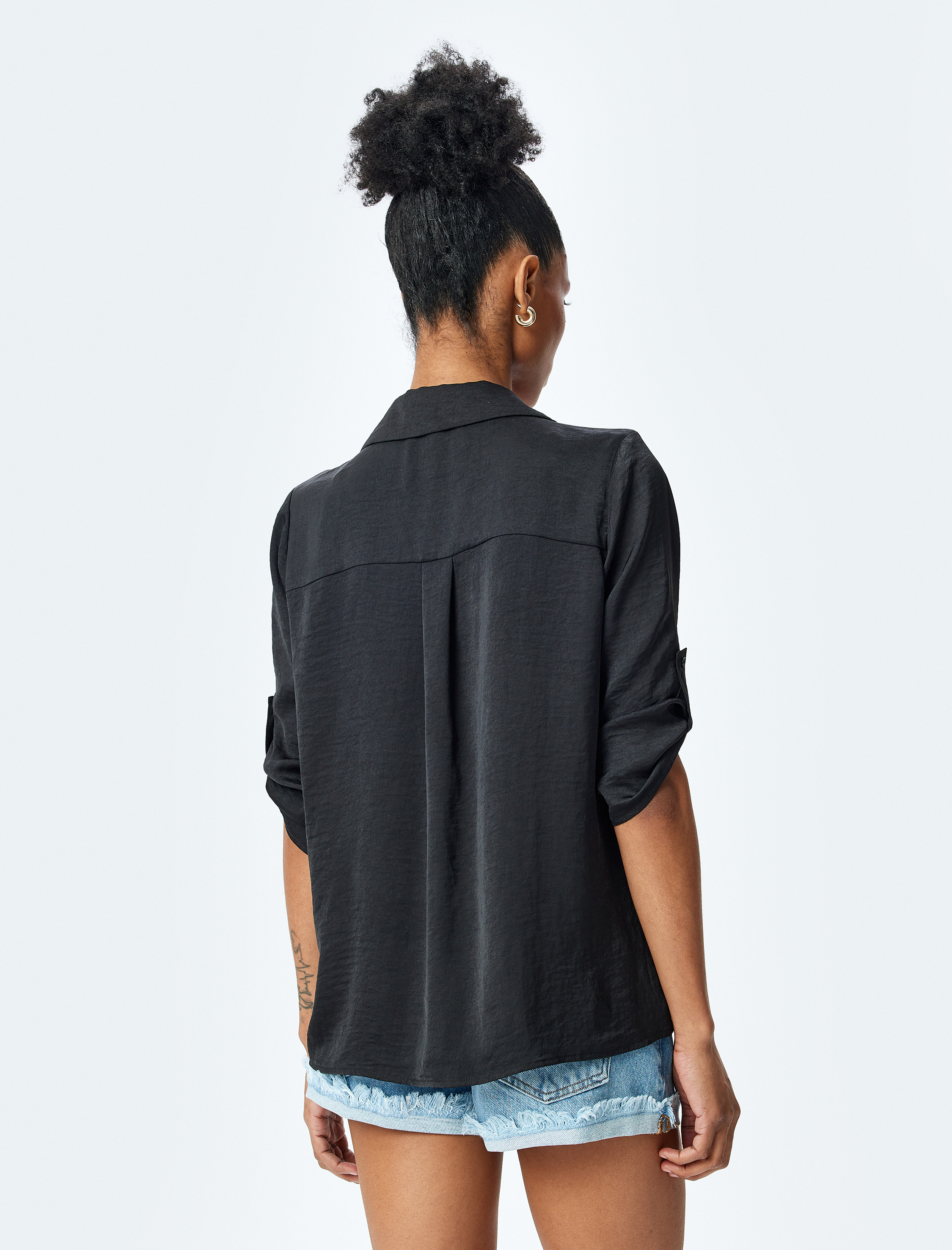   Rahat Kalıp Ceket Yaka 3/4 Kol Katlama Detaylı Bluz