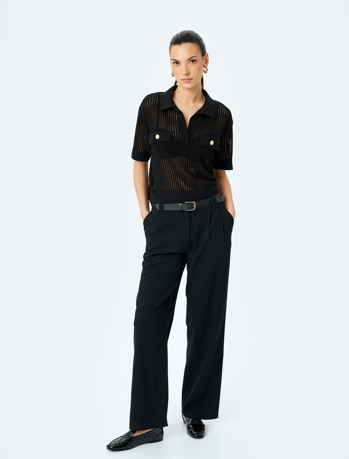  Aplike Detaylı Düğmeli Kısa Kollu Ajurlu Polo Yaka Kroşe Kazak