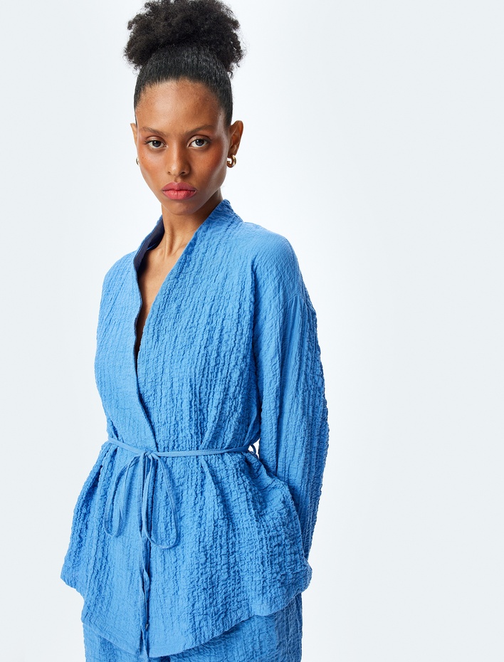  Pamuklu Kemer Detaylı Dokulu Uzun Kollu Kimono