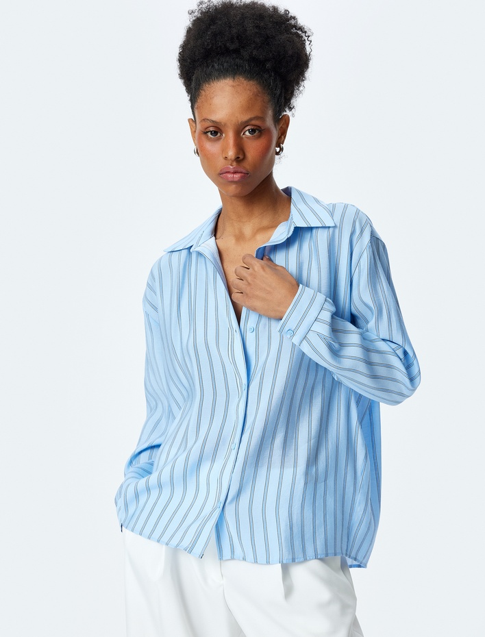  Klasik Yaka Uzun Kollu Viskon Çizgili Oversize Gömlek