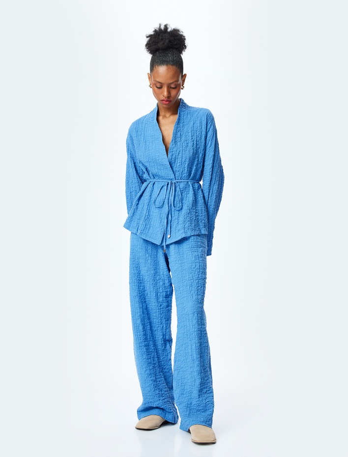  Pamuklu Dokulu Yüksek Bel Palazzo Pantolon