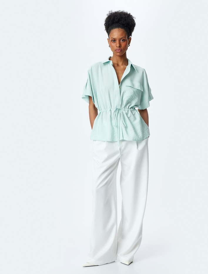  Aplike Detaylı Beli Bağlama Detaylı Kısa Kollu Viskon Gömlek