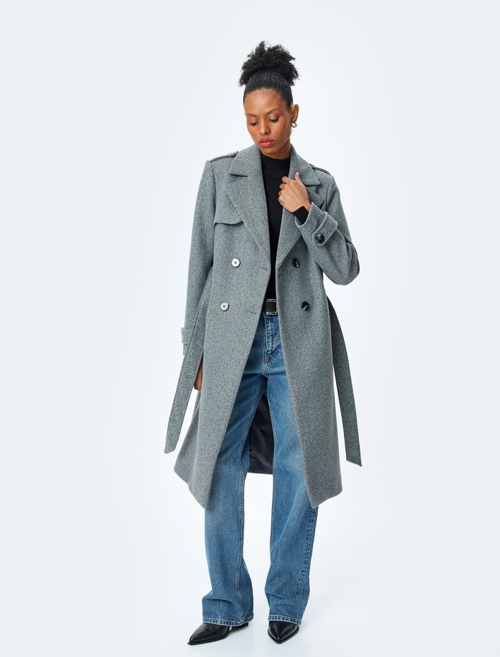  Cepli Düğmeli Kruvaze Kemer Detaylı Uzun Kaşe Kaban