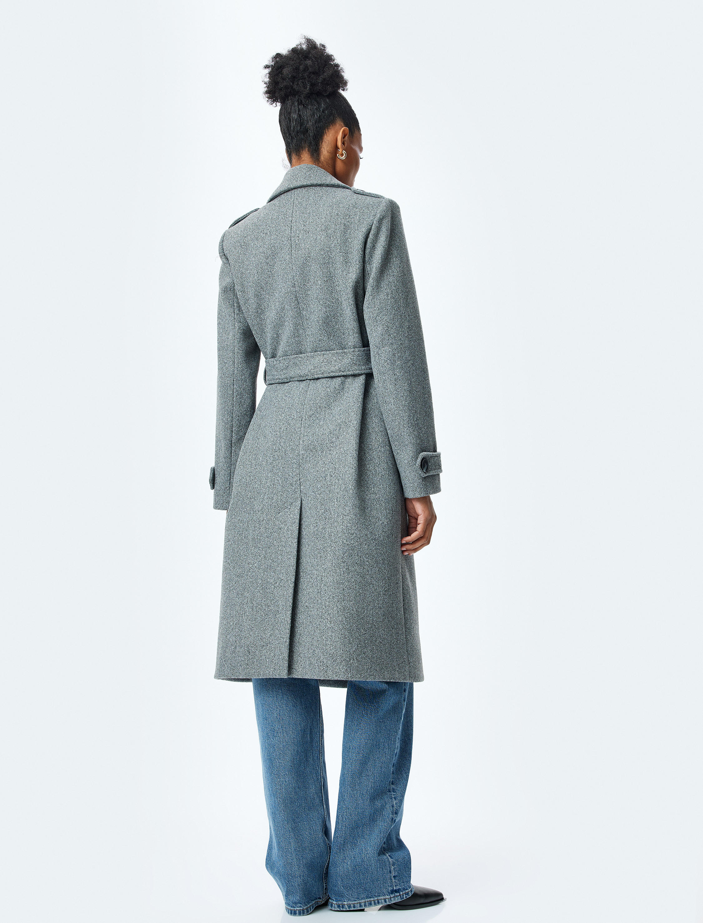   Cepli Düğmeli Kruvaze Kemer Detaylı Uzun Kaşe Kaban