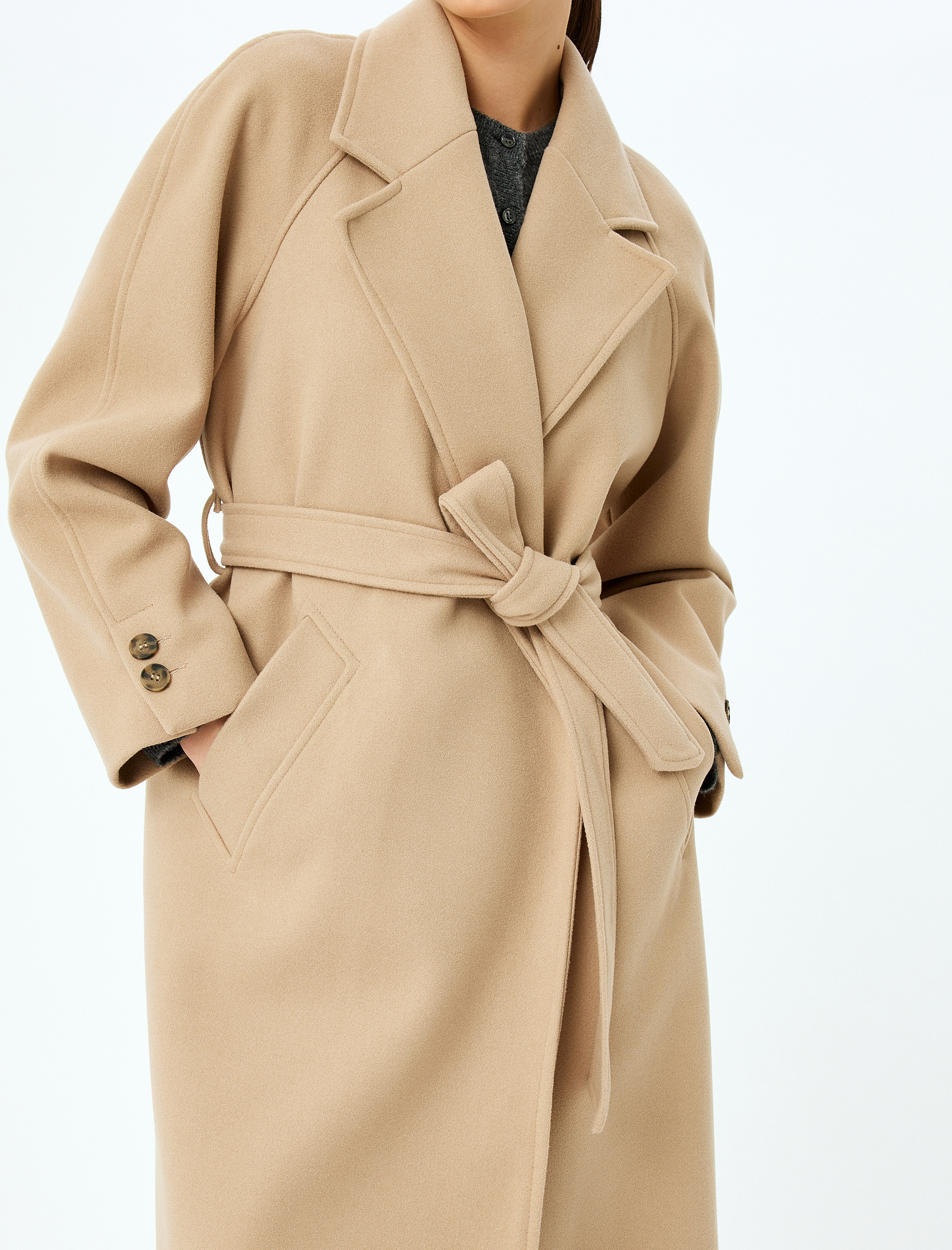   Cepli Kemerli Kruvaze Uzun Kaşe Kaban