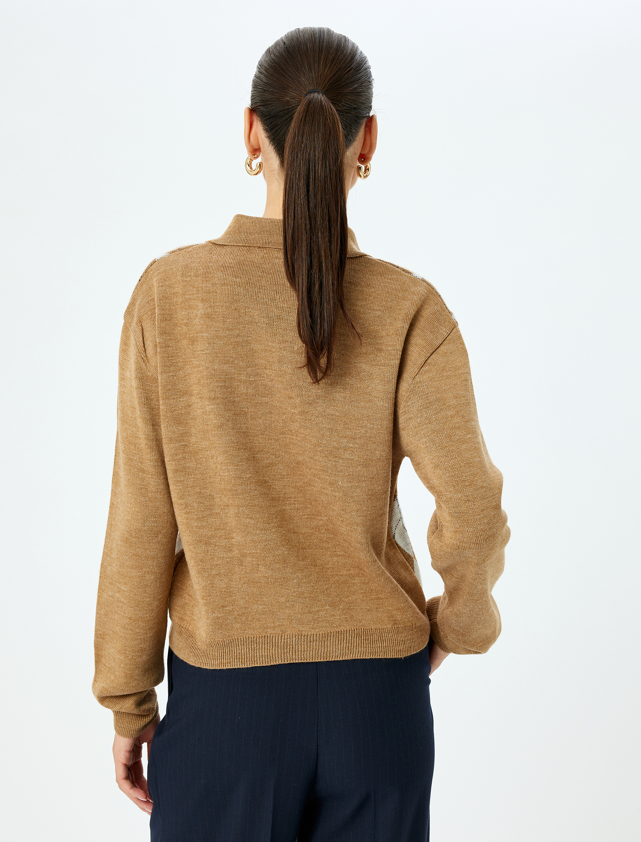   Düğmeli Baklava Desenli Polo Yaka Triko Kazak